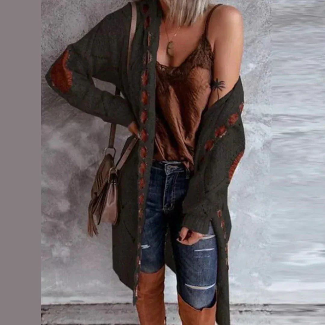 Tara | Trendy Strikket Hoodie Cardigan med Kontrasterende Patches