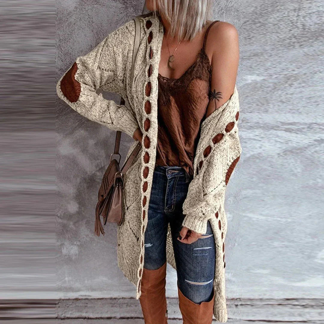 Tara | Trendy Strikket Hoodie Cardigan med Kontrasterende Patches