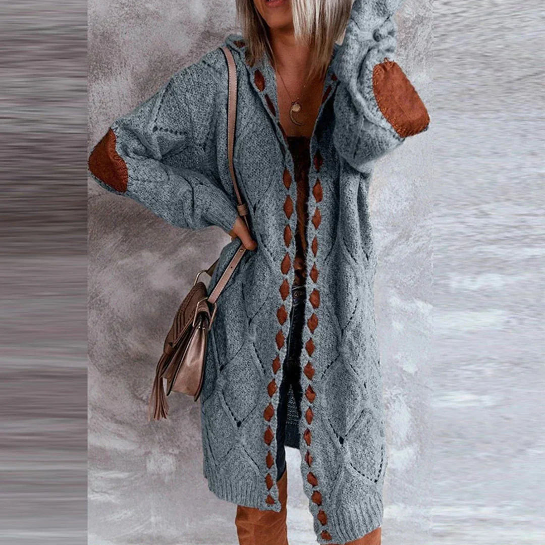 Tara | Trendy Strikket Hoodie Cardigan med Kontrasterende Patches
