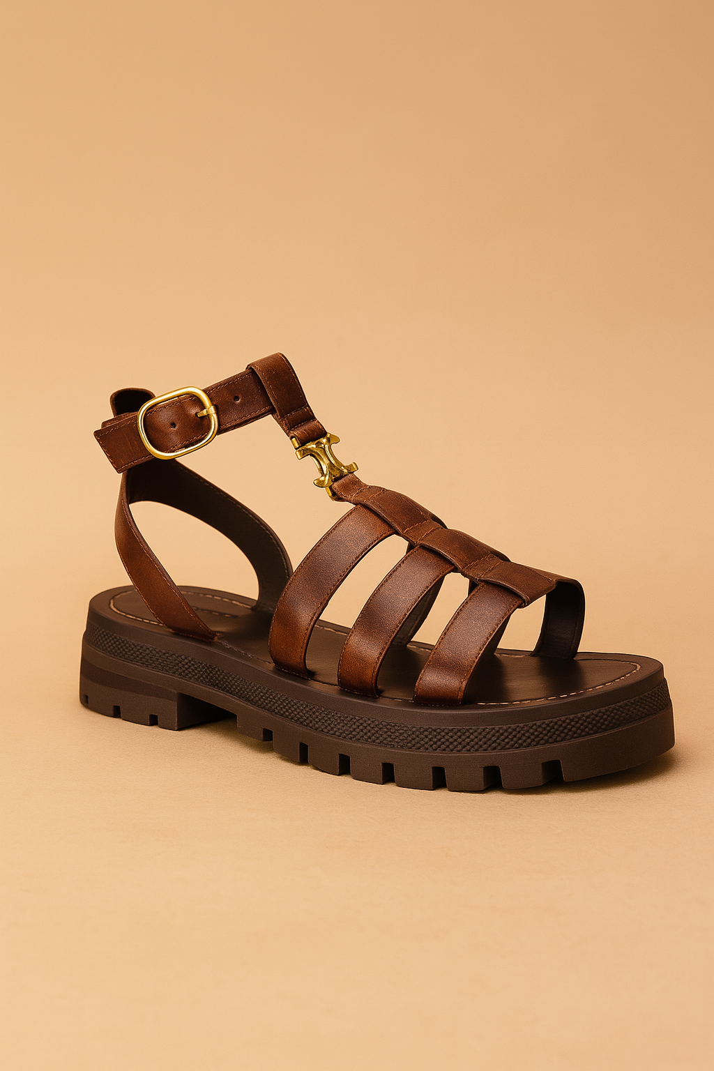 Modieuze dames sandalen met dikke profielzool, brede bandjes en opvallend gouden detail op de wreef