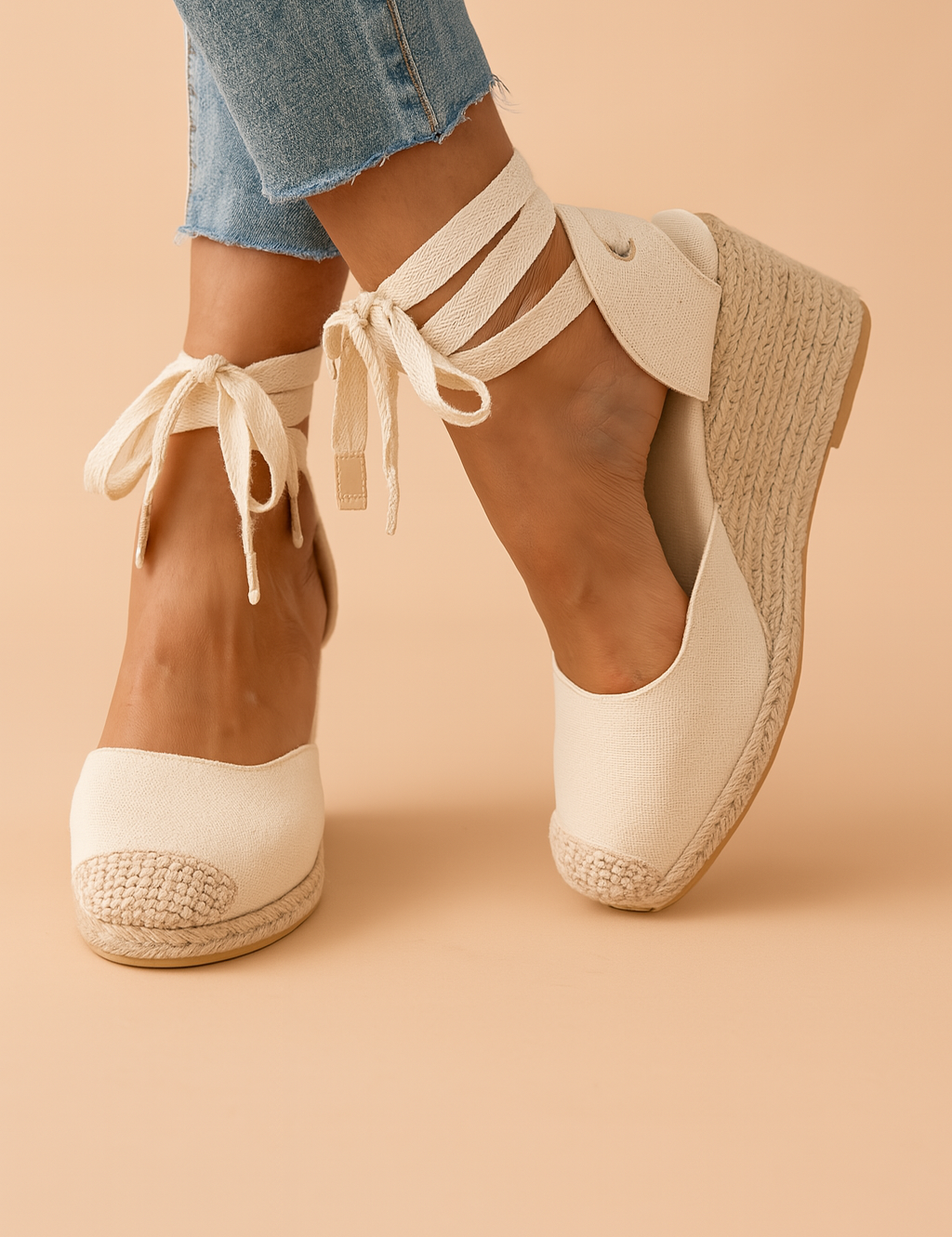 Espadrille-wedge met gevlochten plateauzool en wikkelbanden rond de enkel, ideaal voor zomerse outfits en comfort.