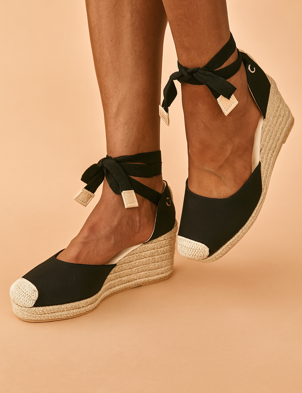 Zwarte espadrille-wedge met gevlochten sleehak en striksluiting bij de enkel, ideaal voor casual of elegante zomerdagen.