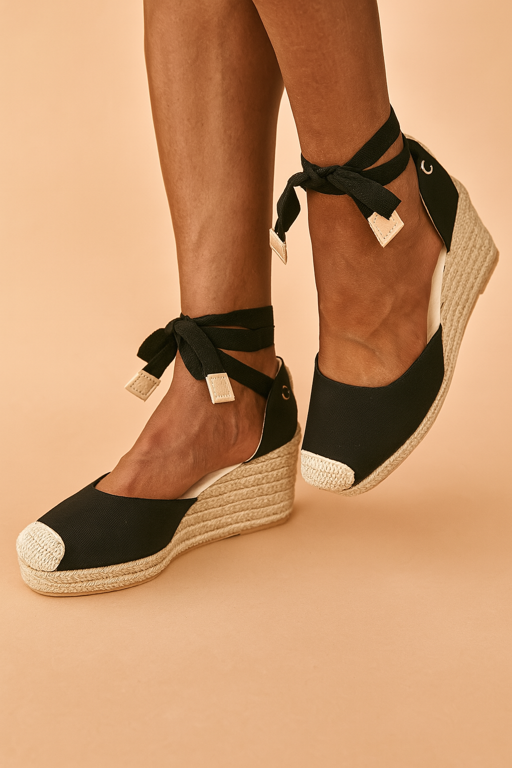 Zwarte espadrille-wedge met gevlochten sleehak en striksluiting bij de enkel, ideaal voor casual of elegante zomerdagen.