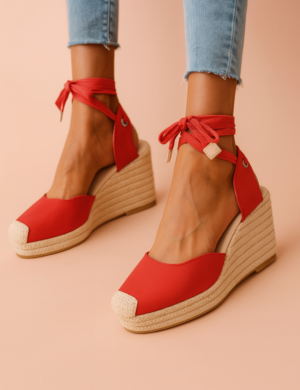 Rode espadrille-wedge met touwzool en vetersluiting rond de enkel, perfect voor een stijlvolle en zomerse uitstraling.
