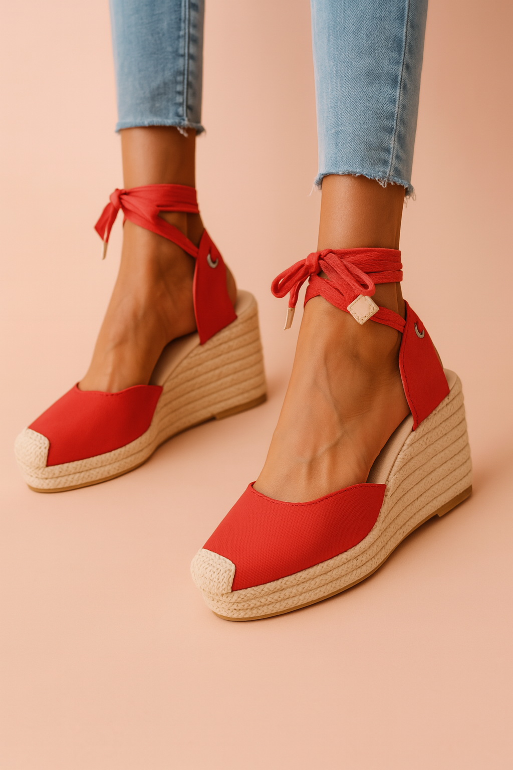 Rode espadrille-wedge met touwzool en vetersluiting rond de enkel, perfect voor een stijlvolle en zomerse uitstraling.