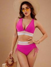 Fuchsia high-waist halterbikini met zigzag tailleband en verstelbare strikjes