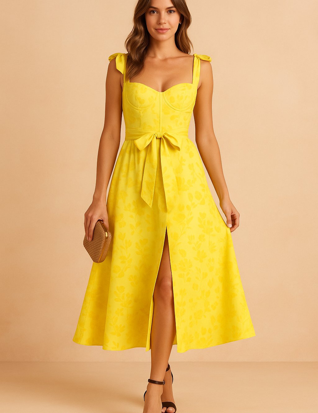 Gele midi zomerjurk met bloemenmotief, strikceintuur en mouwbandjes