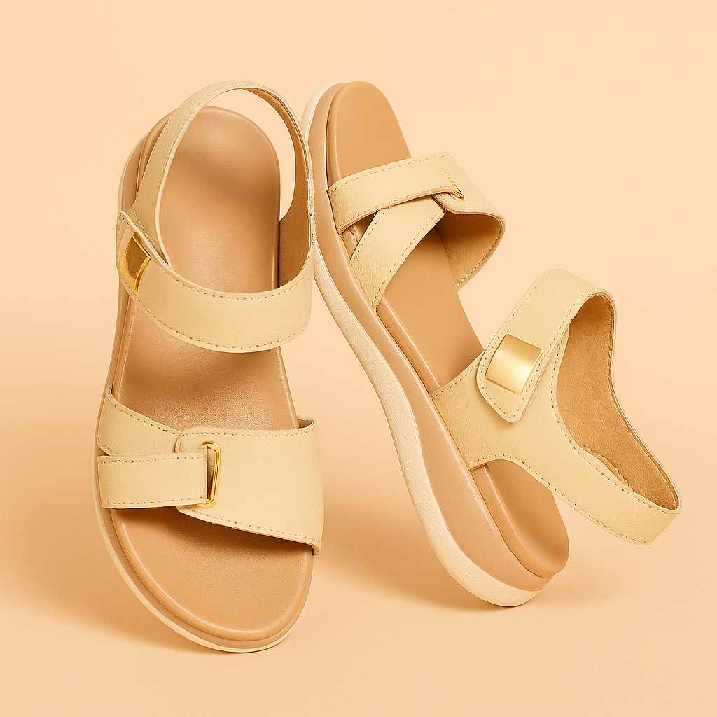 Zachte beige comfortsandalen met verstelbare bandjes en goudkleurige vierkante gesp, ontworpen voor dagelijks wandelen en casual stijl.