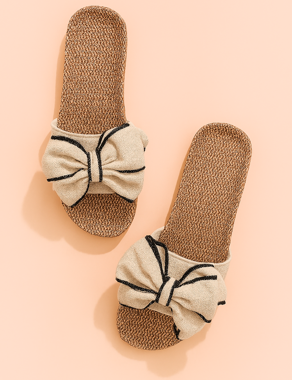 Dames geweven instapsandalen met oversized beige stoffen strik en contrasterende zwarte rand, ontworpen voor casual zomerse looks.