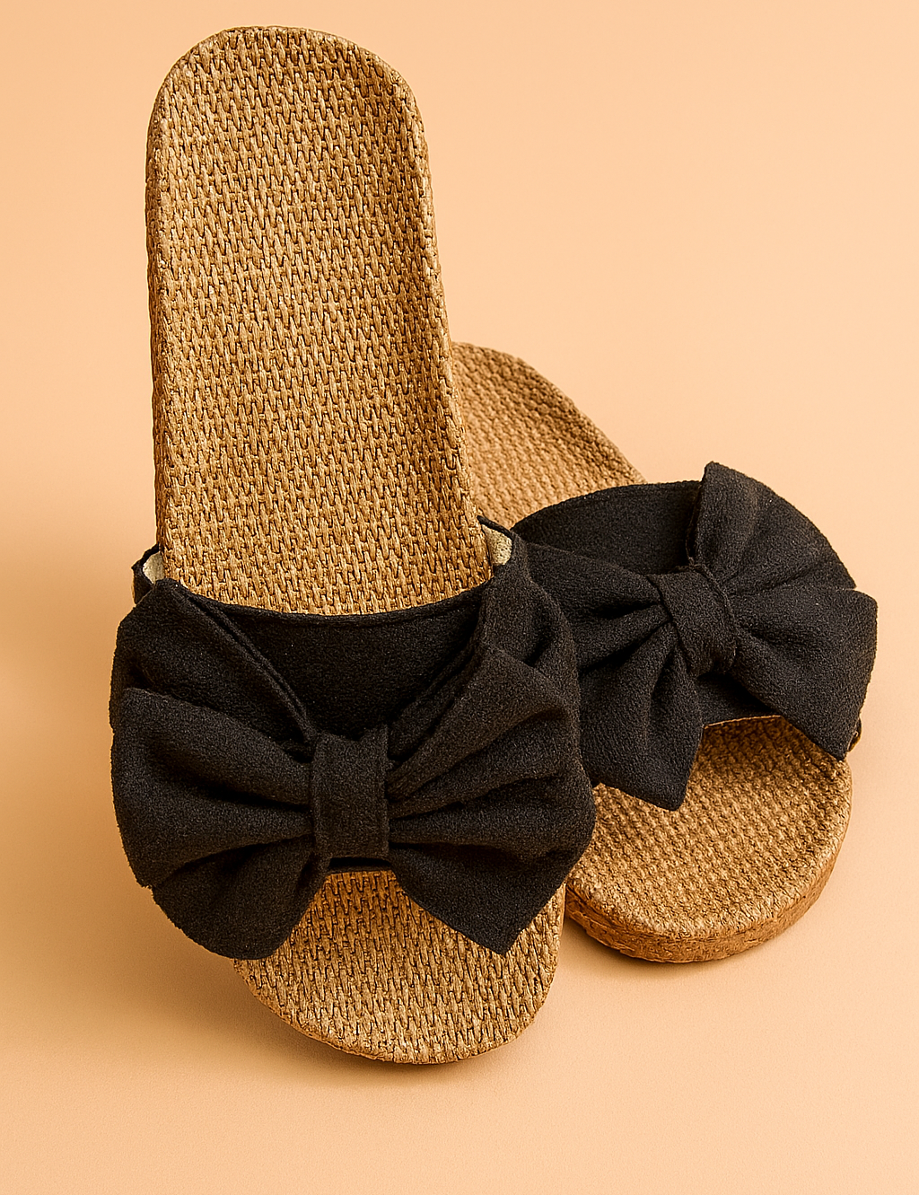 Chique geweven instapsandalen met oversized zwarte stoffen strikken, voor een stijlvolle en veelzijdige zomerse look.