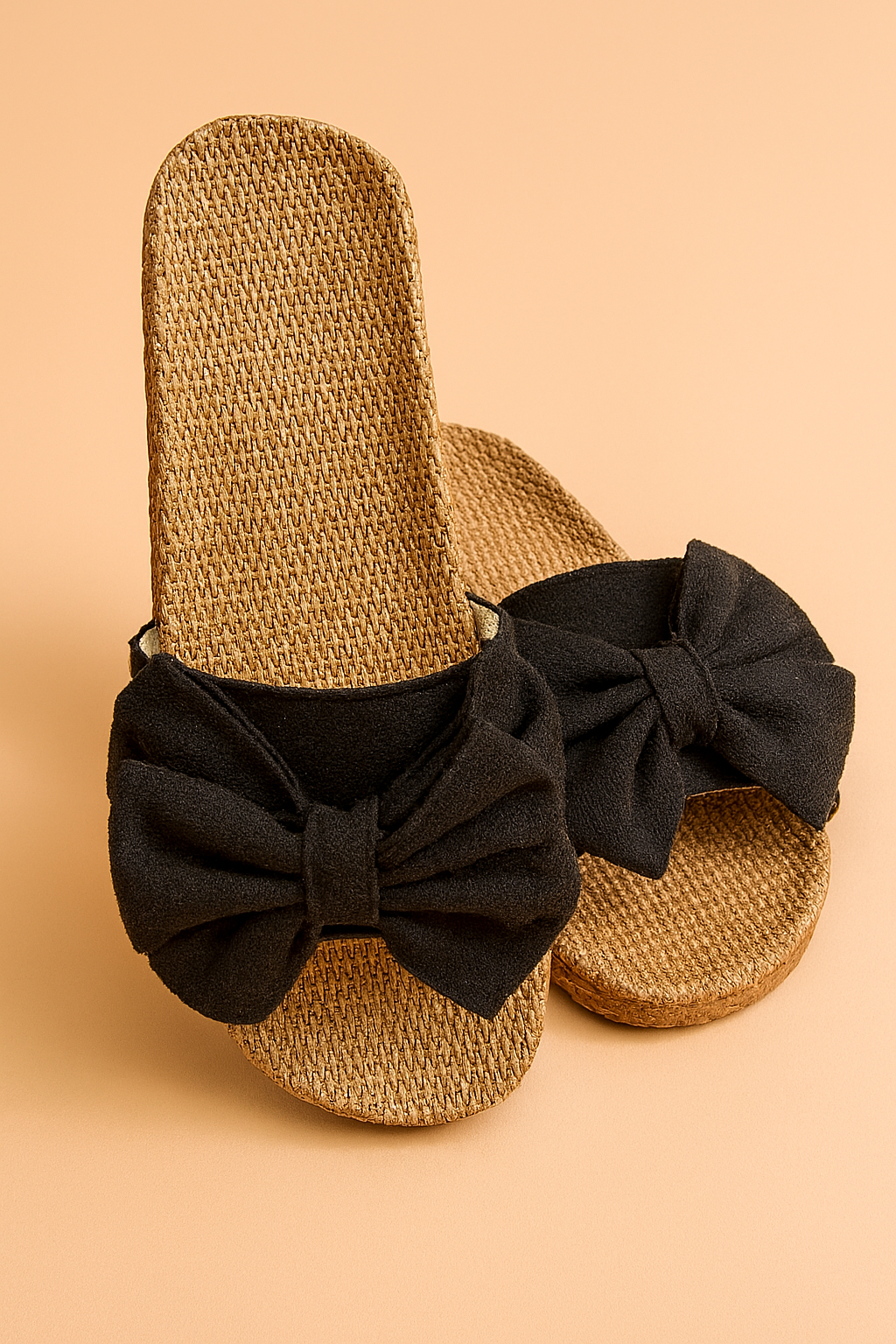 Chique geweven instapsandalen met oversized zwarte stoffen strikken, voor een stijlvolle en veelzijdige zomerse look.