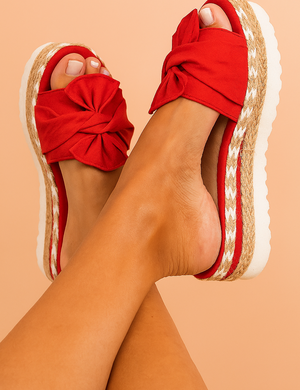 Rode platformsandalen met knoop aan de voorkant, gevlochten rand en dikke witte zool voor zomerse stijl.