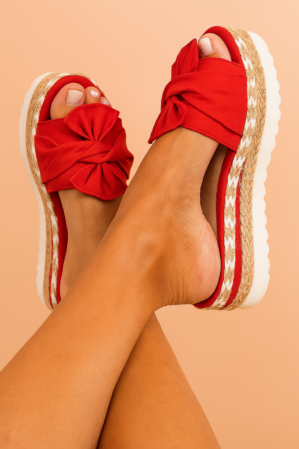Rode platformsandalen met knoop aan de voorkant, gevlochten rand en dikke witte zool voor zomerse stijl.