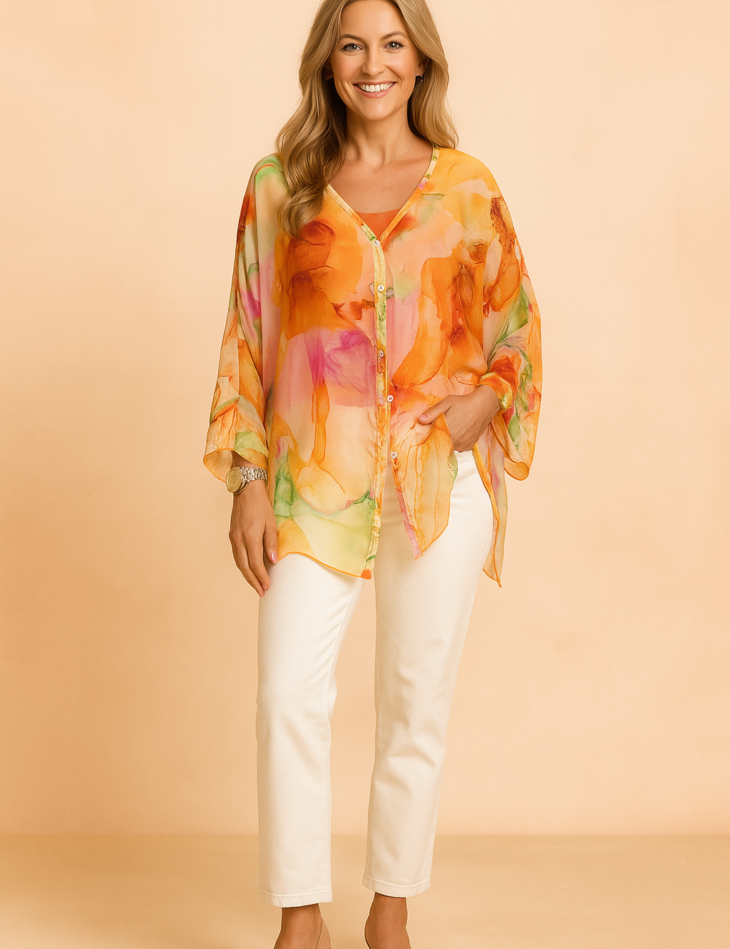Transparante oranje blouse met meerdere kleuren, knoopsluiting, aquarel bloemenprint, V-hals en wijde vleermuismouwen.

