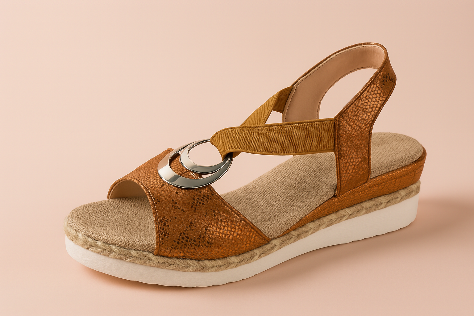 Camelkleurige platformsandalen met gestructureerd kunstleer, elastische slingbackbanden en zilveren ringdetail voor dagelijks gebruik van dag tot nacht.