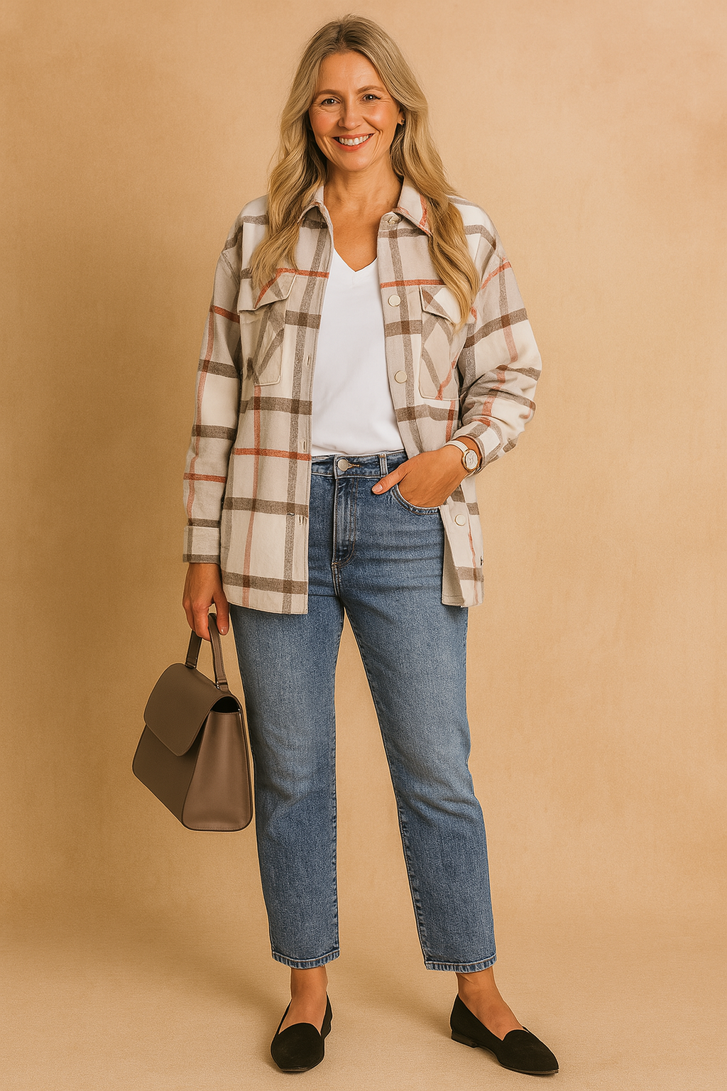 Dames blouse-jasje met grote ruitprint in beige, wit en roestbruin, voorzien van borstzakken met klep en knoopsluiting.