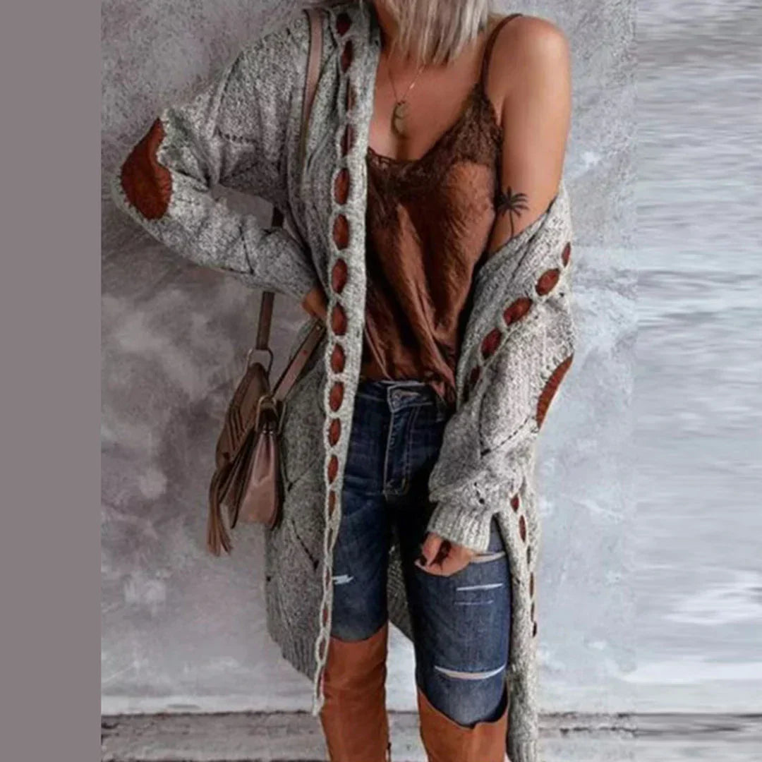 Tara | Trendy Strikket Hoodie Cardigan med Kontrasterende Patches
