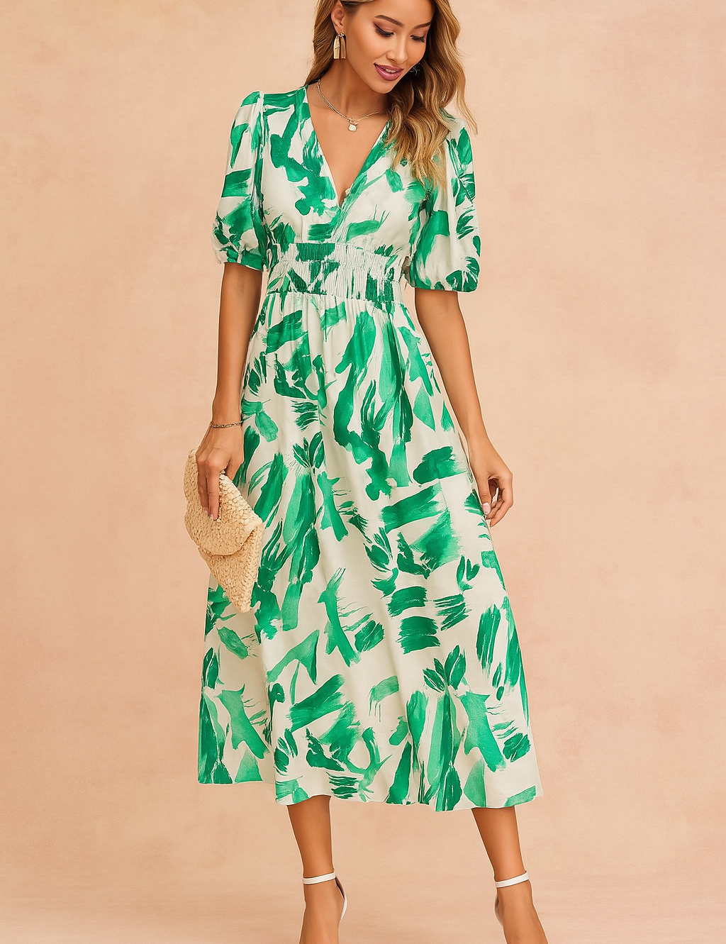 Groene en witte midi-jurk met abstracte bladprint, V-hals, korte pofmouwen en gesmokte taille voor een luchtige zomerse look.