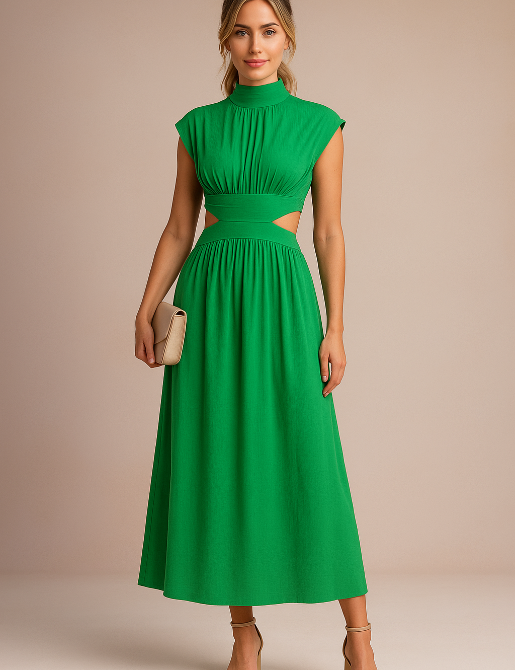 Groene midi jurk met hoge hals, uitsnijdingen in de taille en elegante geplooide afwerking.