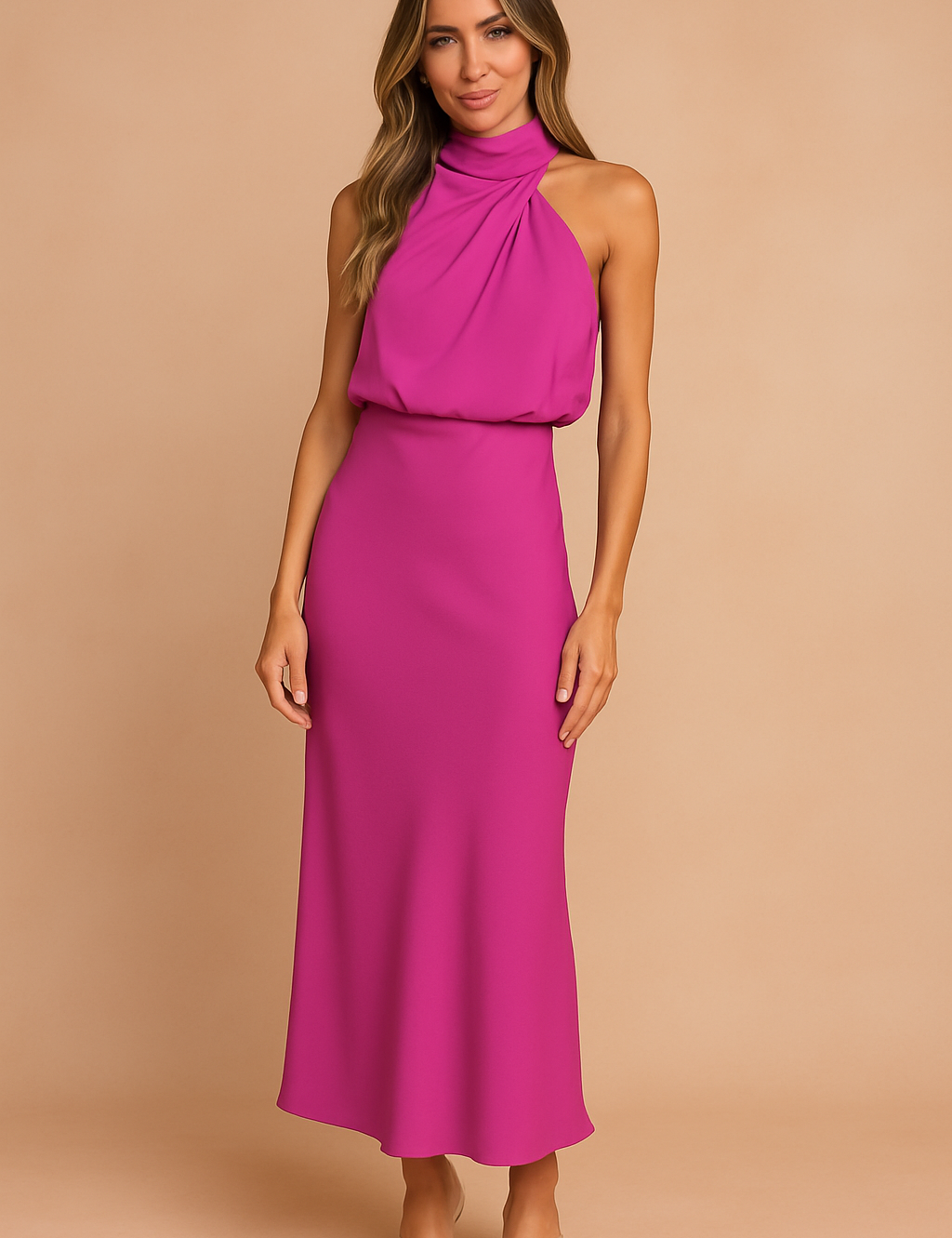Fuchsia roze satijnen halterjurk met hoge halslijn en lange, slank vallende rok