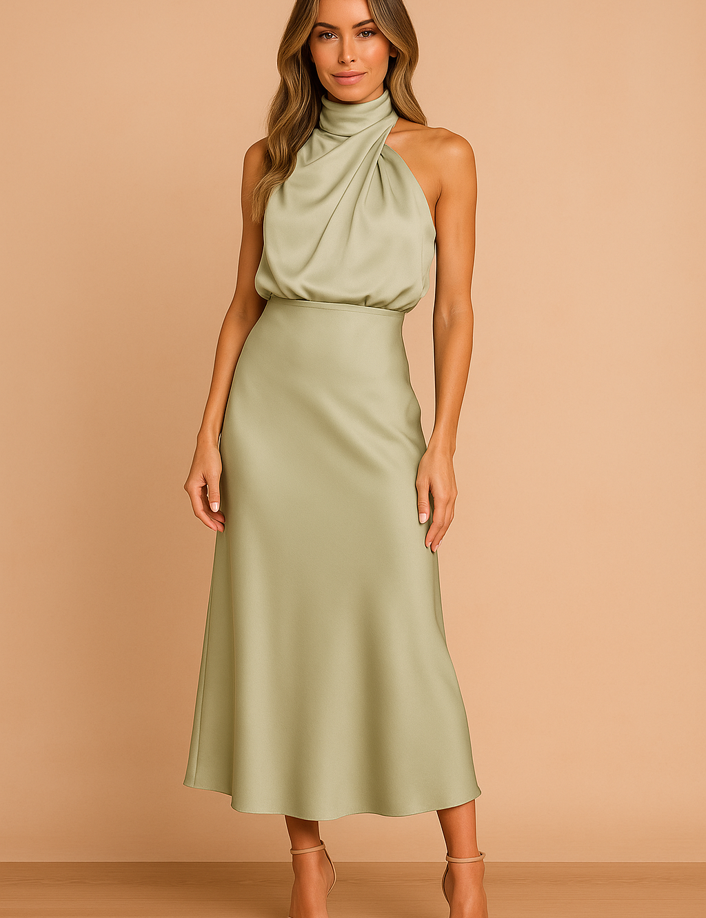 Satijnen halterjurk in licht saliegroen met drapering en elegante uitlopende rok