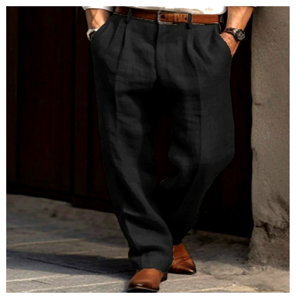 Klassieke herenlinnen broek met plooien in diepzwart, met een rechte, ontspannen pijp en een hoge tailleband — ideaal voor smart-casual of geklede outfits.
