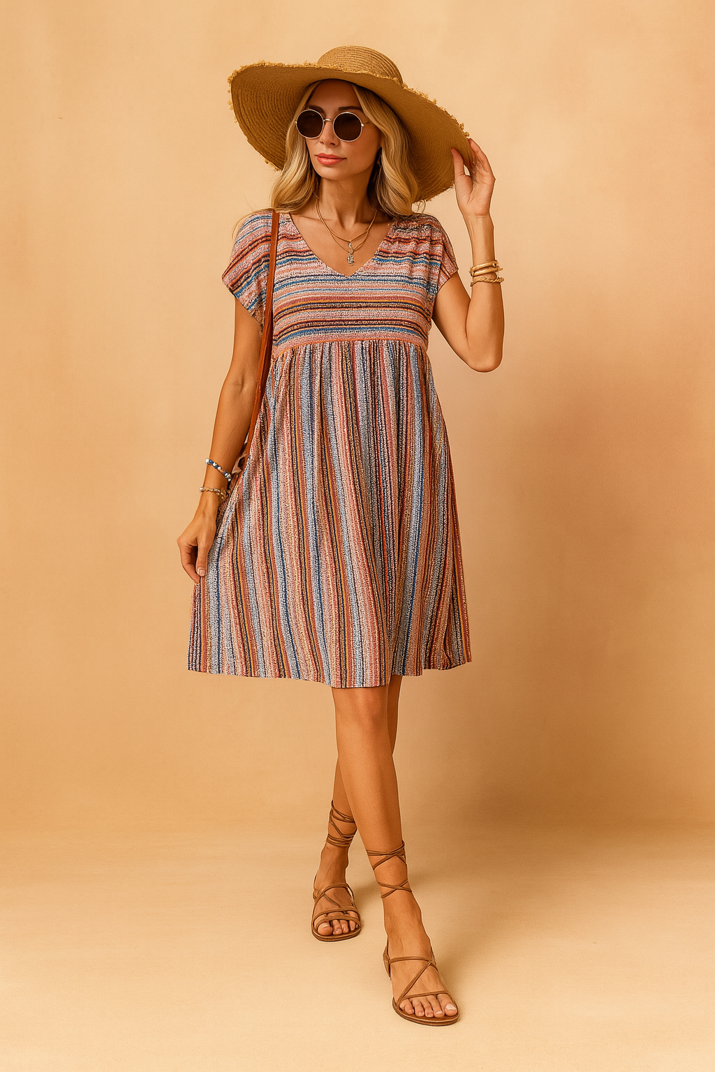 Josie boho zomerjurk met gedempte gestreepte print en V-hals voor dames