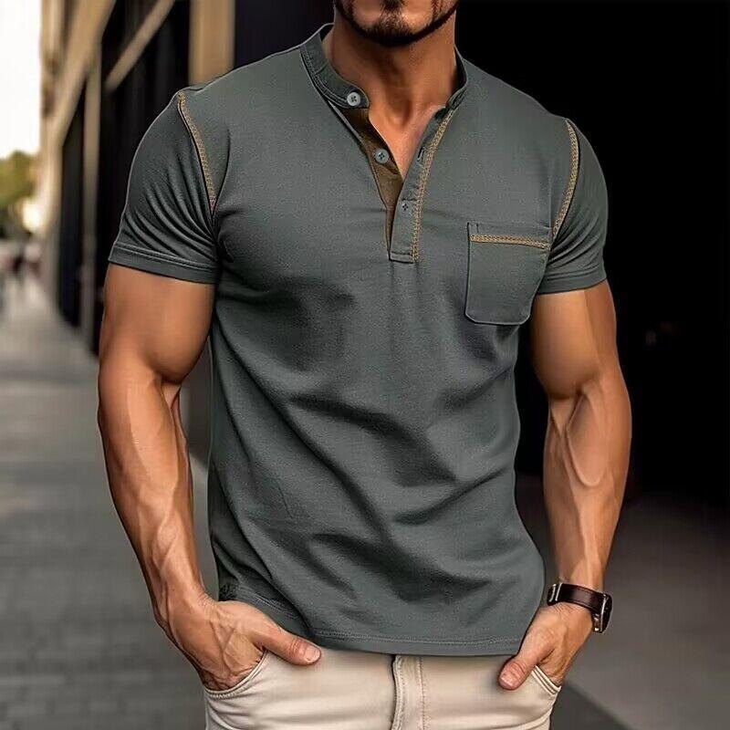 Harry | Kleurblok Henley Krave T-shirt med Korte Ærmer til et Stilfuldt Look