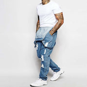 Thalion | Herre Stilfulde Rippede Denim Overalls - Afslappet Pasform Slidt Jumpsuit til Ubekymret Casual Chic