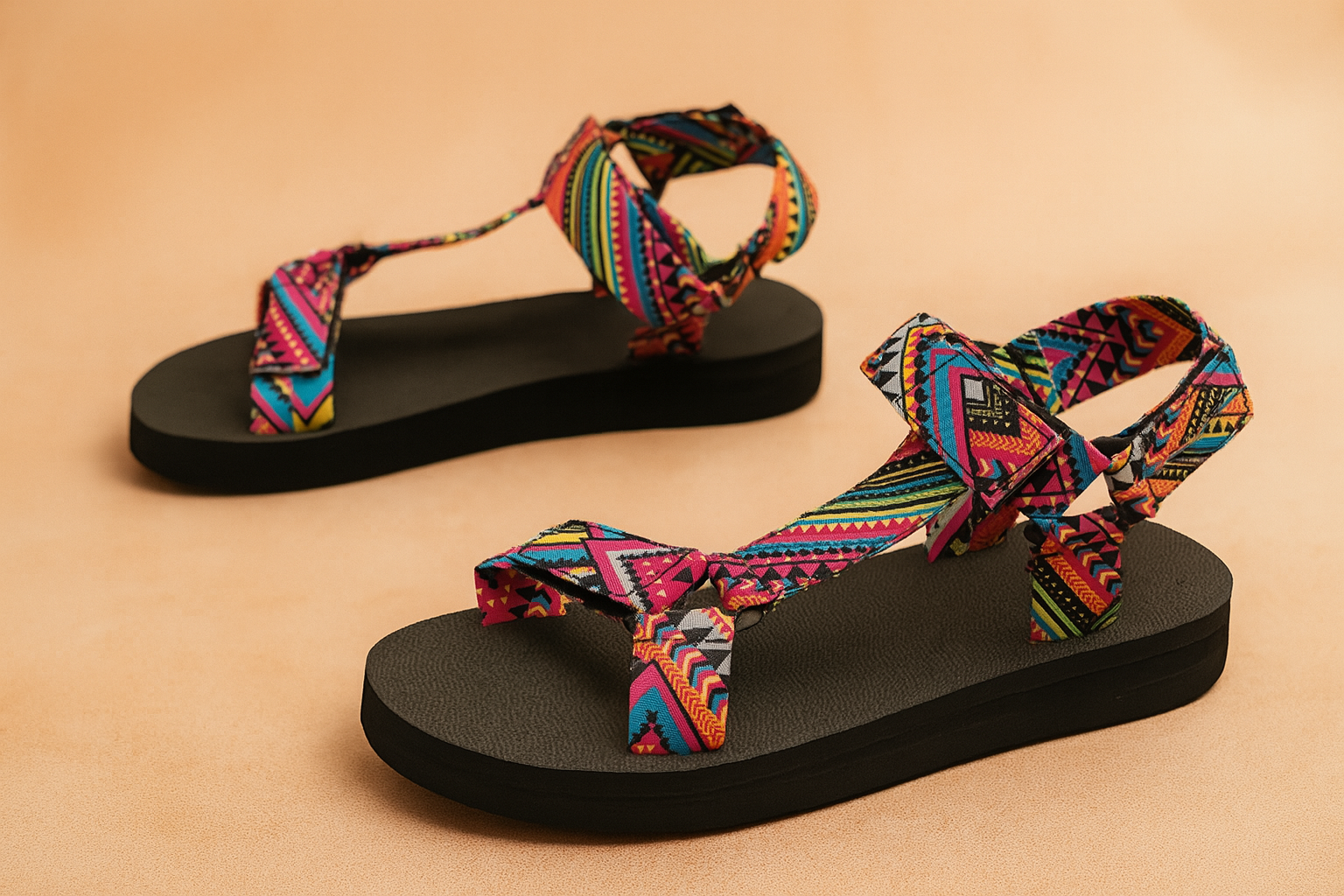 Kleurrijke platformsandalen met tribalprint, verstelbare geweven bandjes en een zachte zwarte zool—perfect voor een levendige zomerse stijl en comfort.