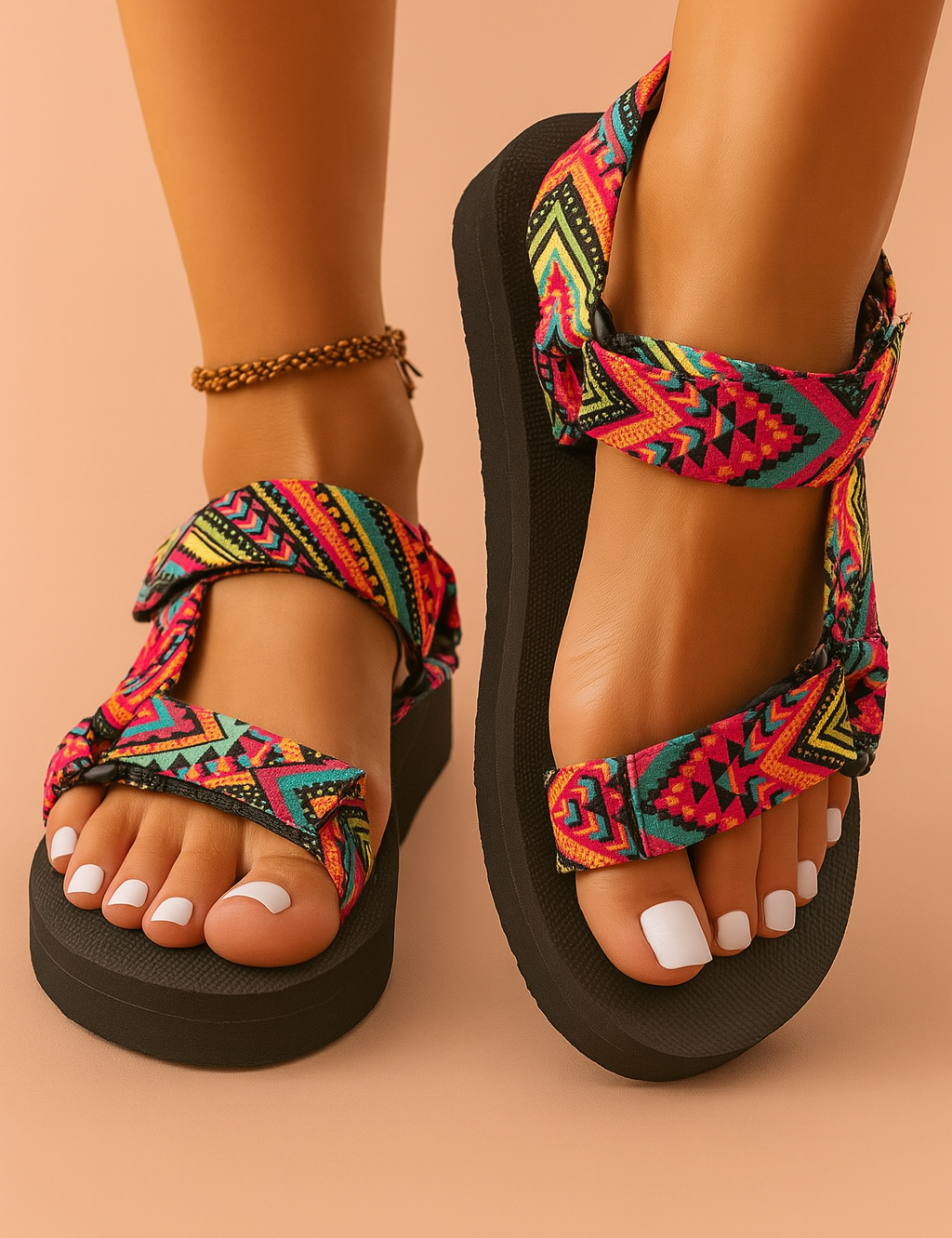 Kleurrijke platformsandalen met tribalprint, verstelbare geweven bandjes en een zachte zwarte zool—perfect voor een levendige zomerse stijl en comfort.