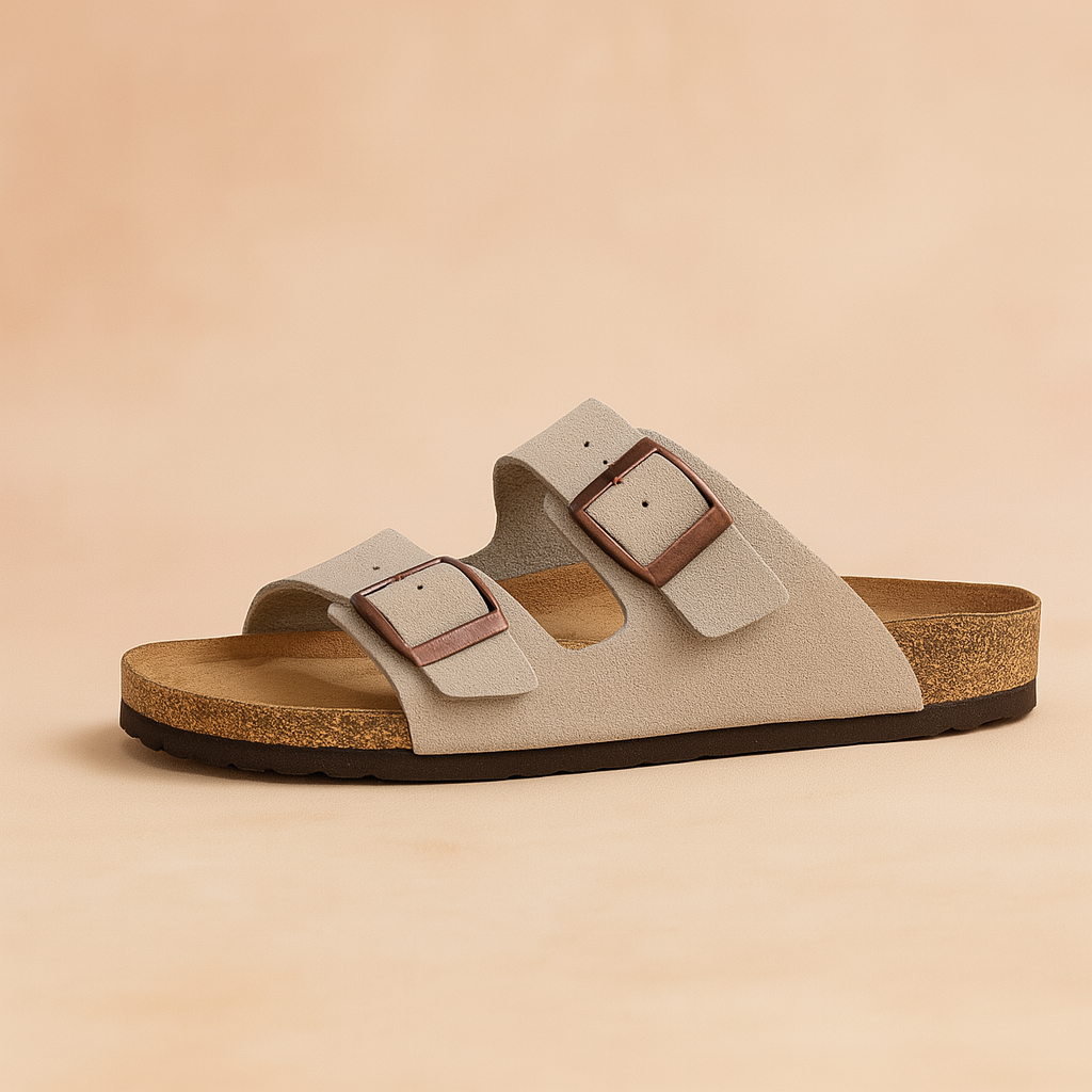 Lichtbeige suède slidesandaal met roségouden gespen en gevoerde kurken zool voor ontspannen zomers comfort.