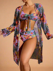 Lila bloemen bikini met hoge taille en bijpassende kimono