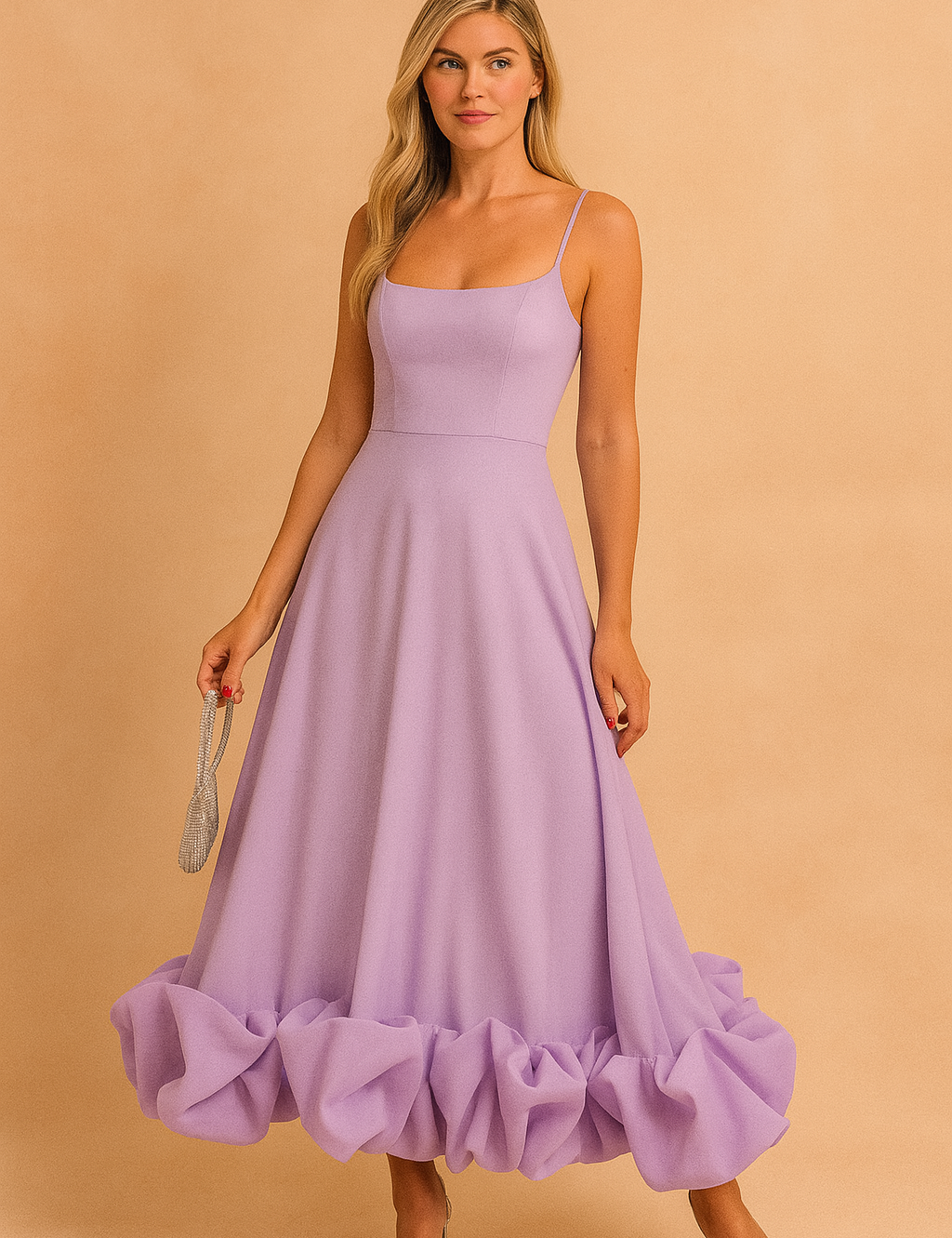 Lila midi-jurk met strakke pasvorm, spaghetti bandjes en volumineuze ballonzoom onderaan.