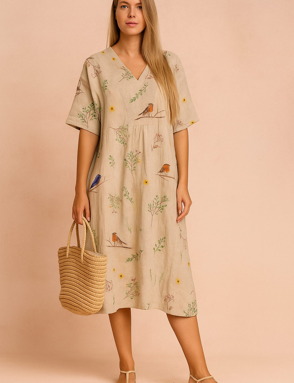 Beige midi-jurk van linnen met korte mouwen, V-hals en speelse vogelprint met groene bladeren en bloemen.