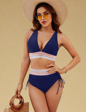 Marineblauwe halter-bikini met hoge taille en zigzag elastische tailleband