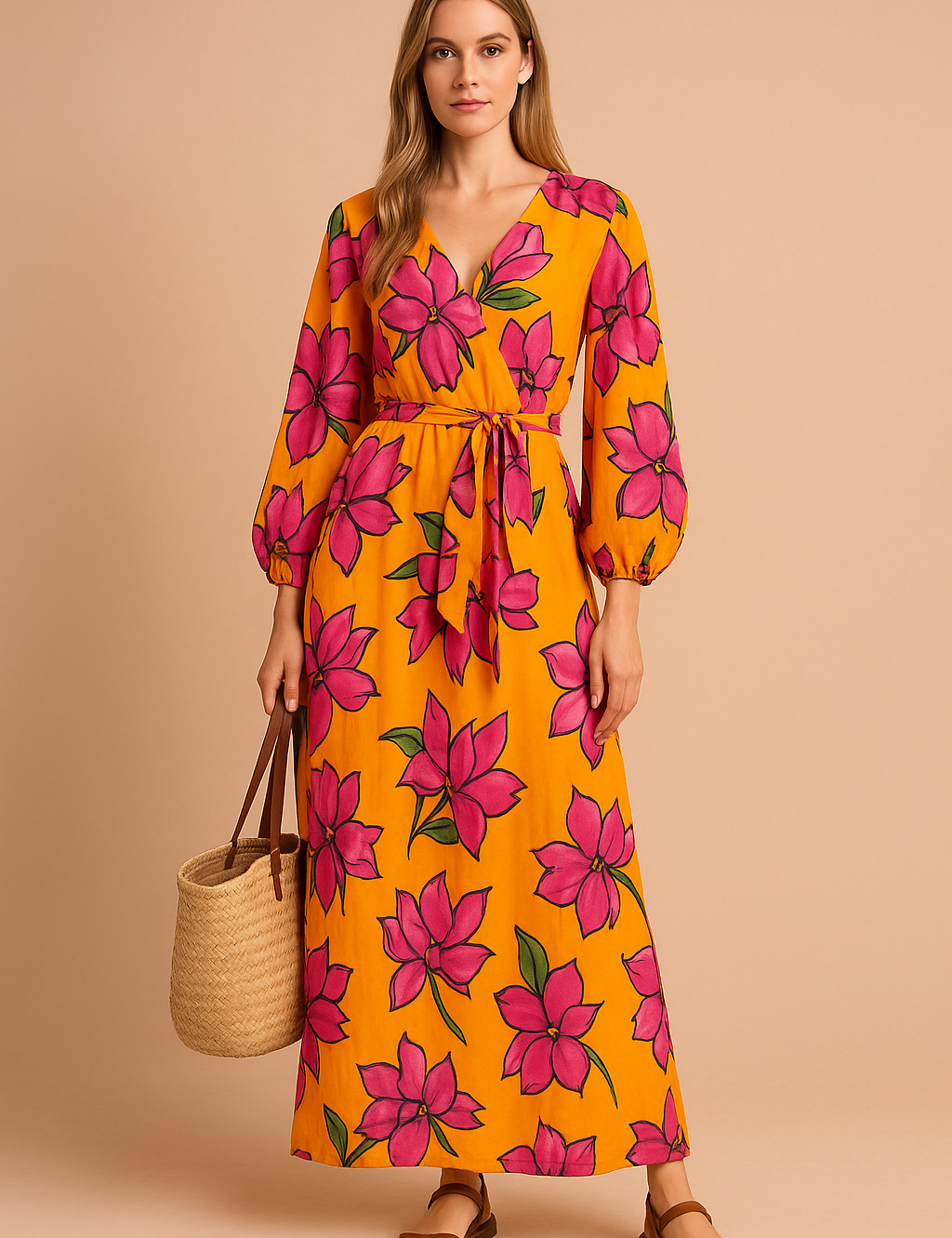 Lange V-halsjurk met strikceintuur en ballonmouwen, bedrukt met grote roze bloemen op een feloranje achtergrond.