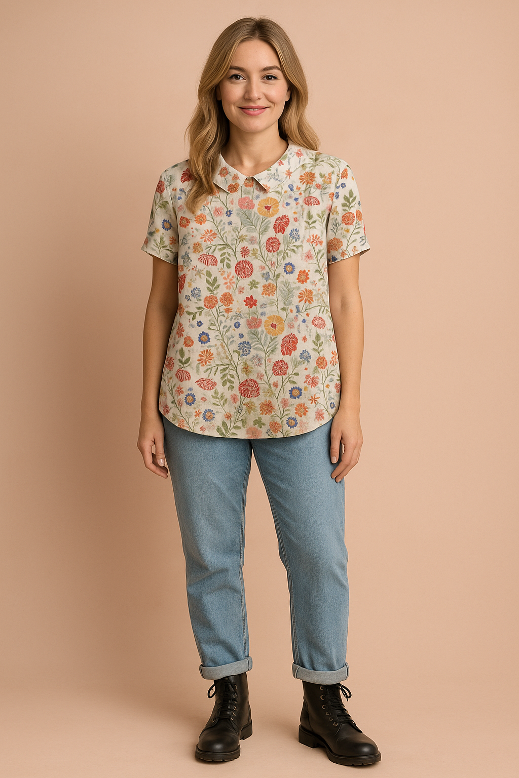 Linnenlook blouse met korte mouwen en kleurrijk bloemenpatroon in rood, oranje en blauw op een beige achtergrond, afgewerkt met een ronde kraag.