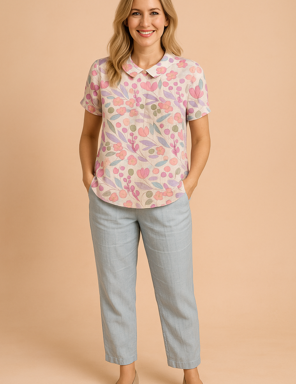 Linnenlook blouse met korte mouwen en opvallend bloemenpatroon in pastelroze, lila en zachtgroen, met ronde kraag en lichte textuur.