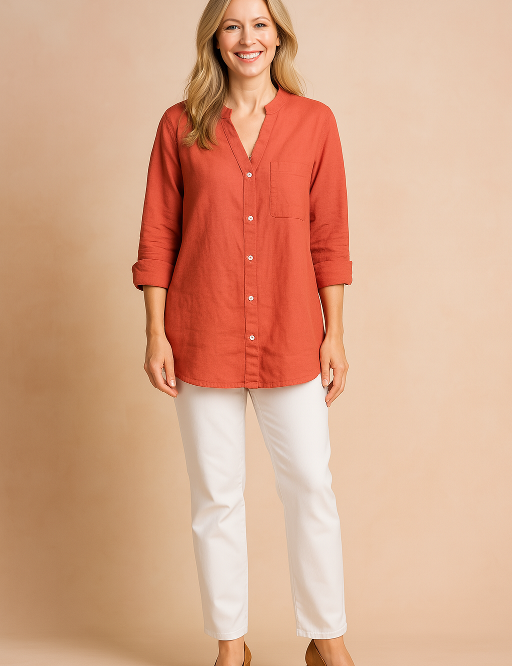 Lange mouwen blouse van linnen in warm oranje met knoopsluiting, borstzak en rechte zoom, ideaal voor casual en zakelijke looks.