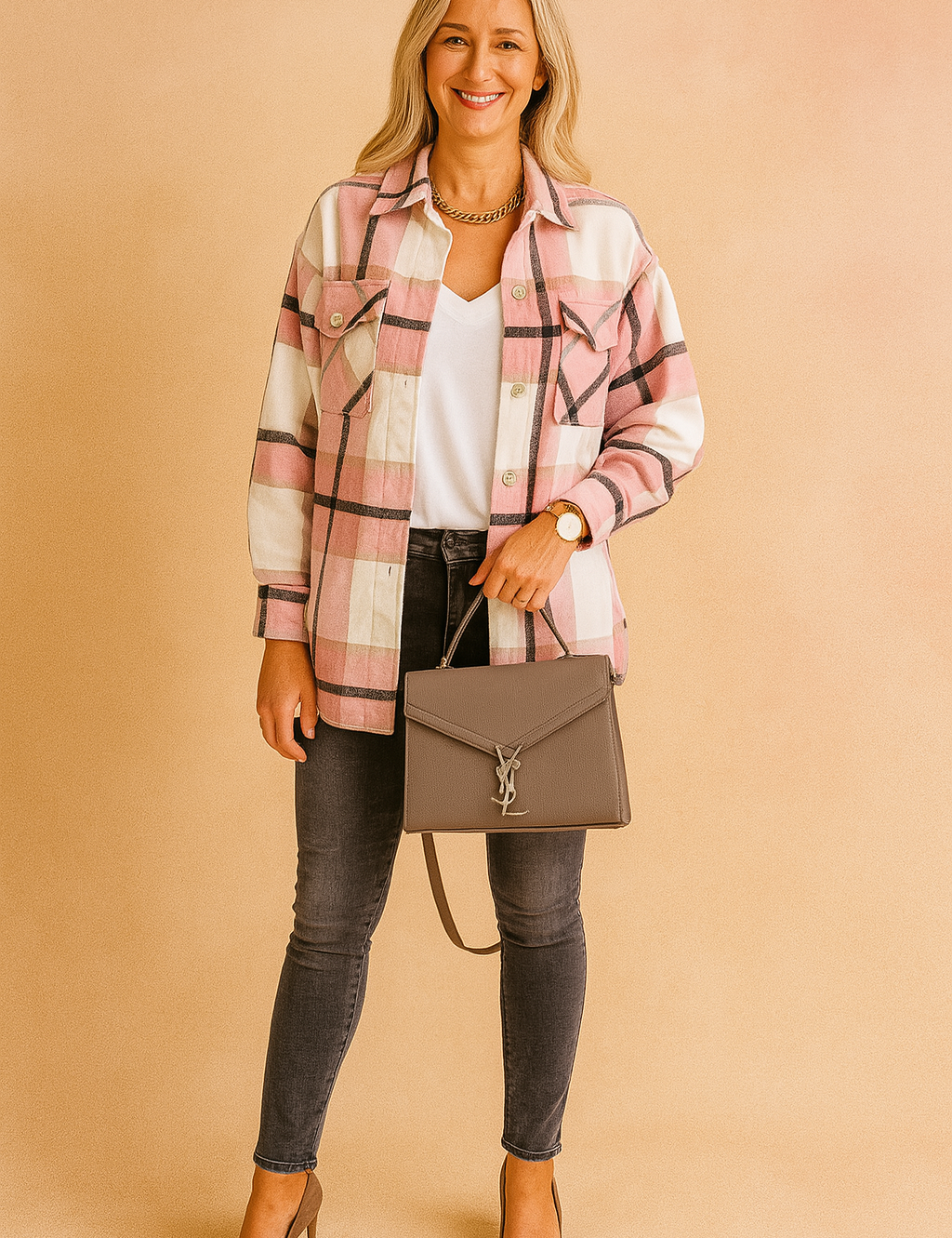 Damesoverhemd van roze flanel met wit en zwart ruitpatroon, opgestikte borstzakken en knoopsluiting, gedragen open over een witte top.