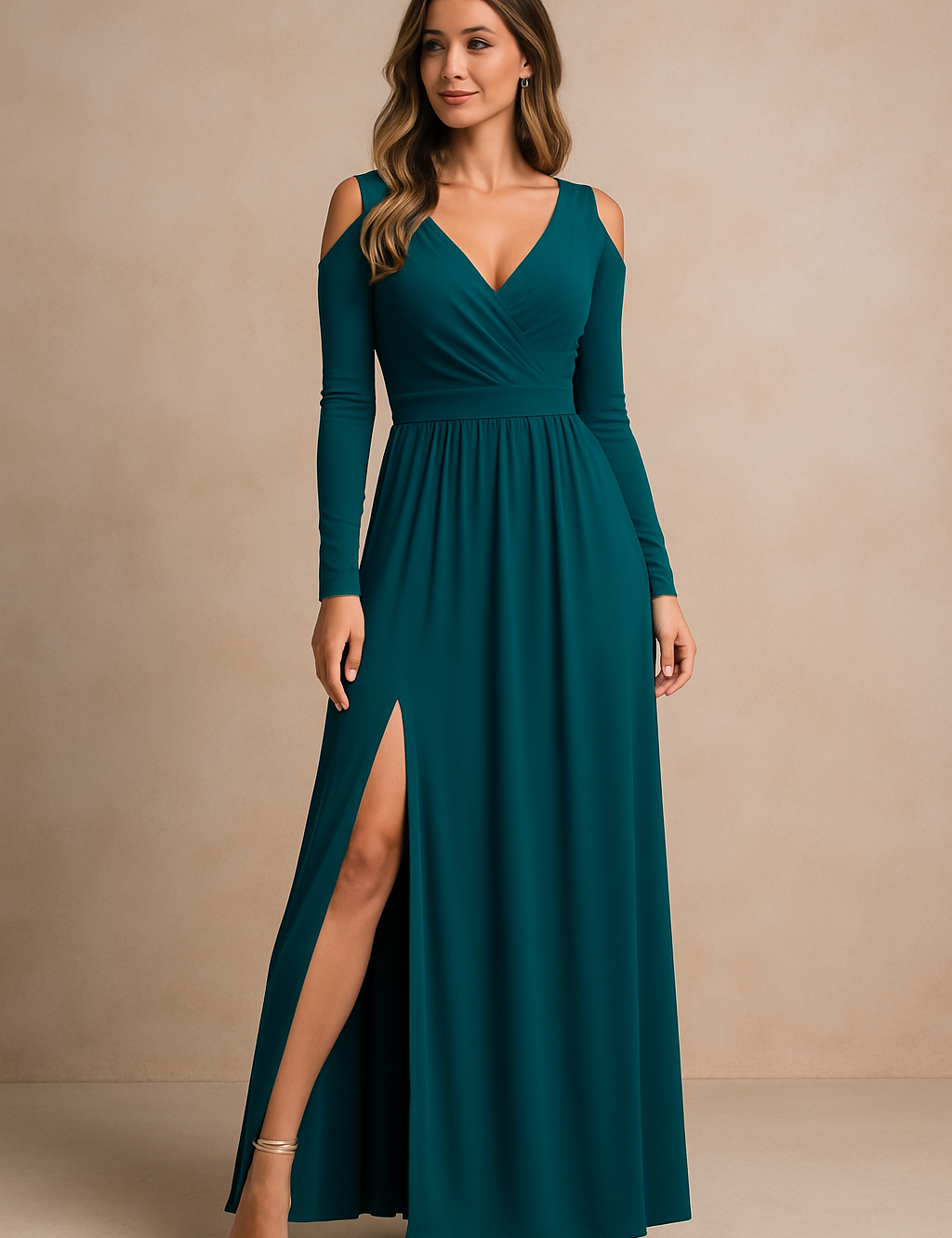 Smaragdgroene lange jurk met cold-shoulder mouwen, V-hals en hoge split