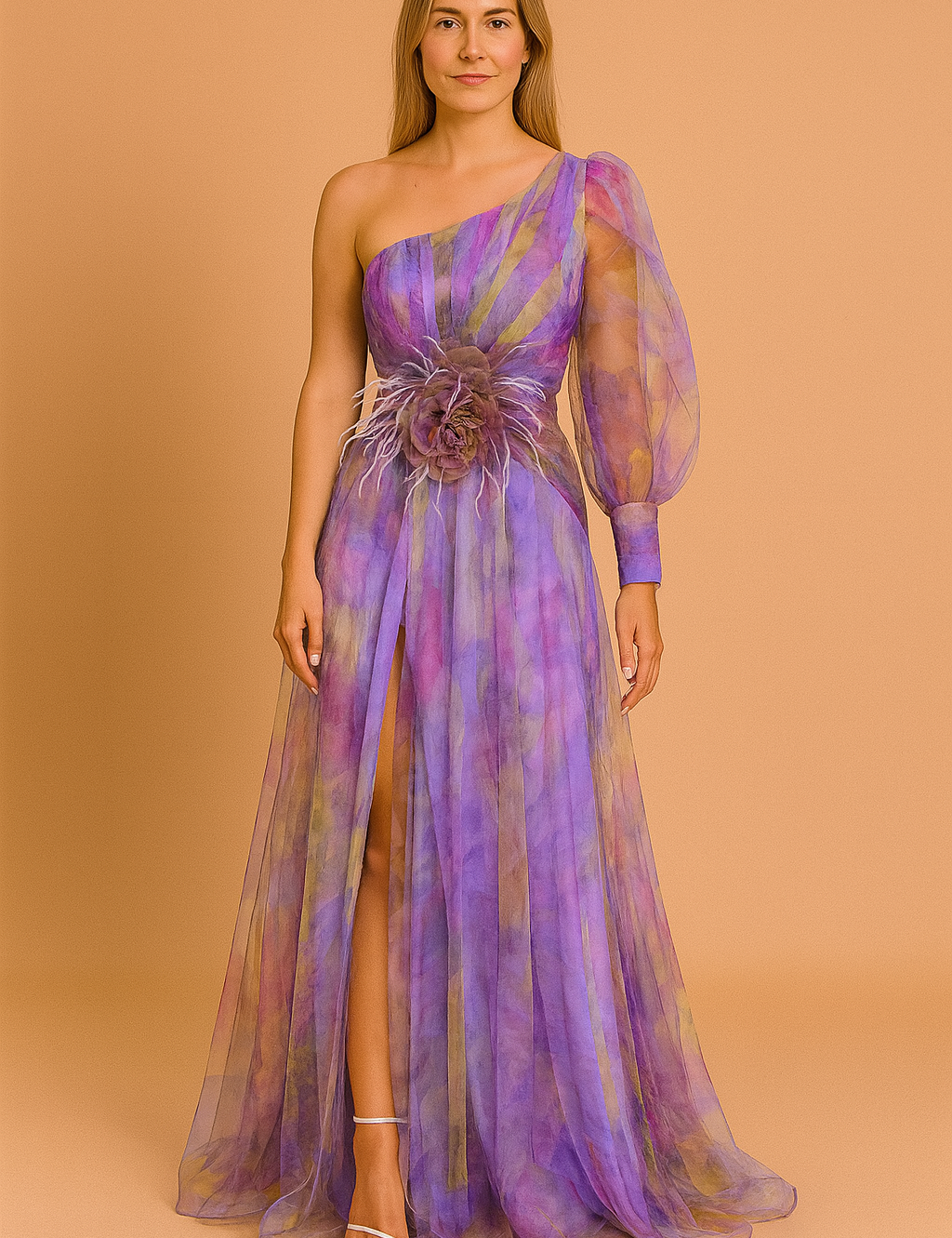 Asymmetrische avondjurk in aquarelprint met paarse, gele en blauwe tinten, tulelaag, pofmouw en hoge split, afgewerkt met een bloemapplicatie in de taille.