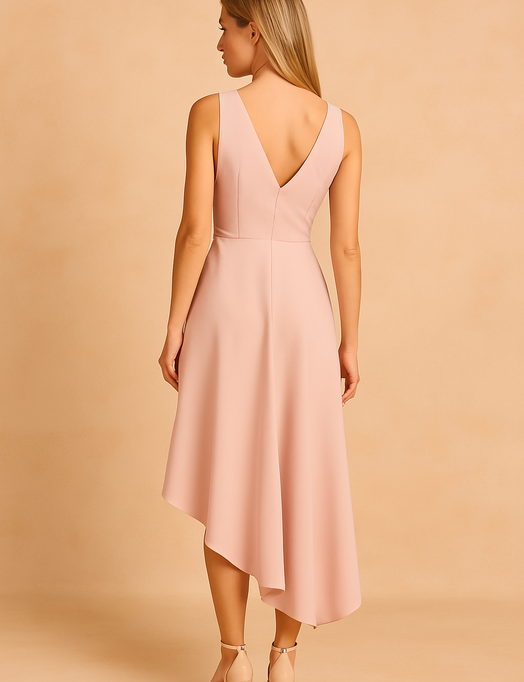  Achteraanzicht van een mouwloze asymmetrische midi jurk in lichtroze met V-rug en getailleerd silhouet.