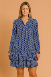 Mini-jurk met lange mouwen en blauwe retroprint, V-hals en dubbele volantrok