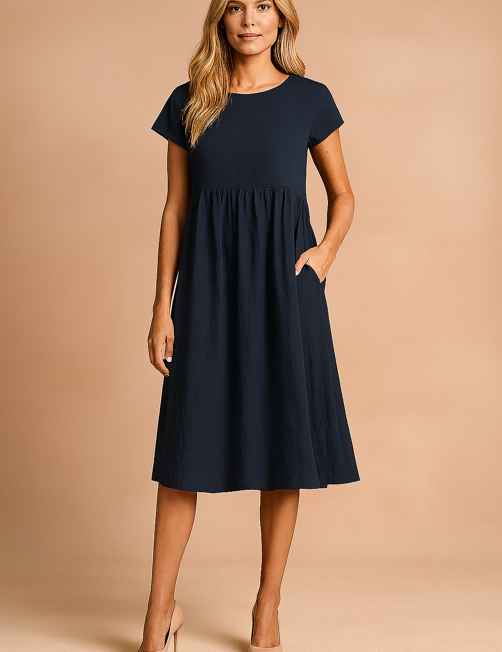 Donkerblauwe midi jurk met korte mouwen, hoge taille en steekzakken voor een relaxte stijl.