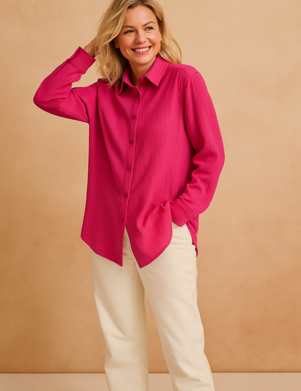 Fuchsia blouse van gestructureerde katoenmix met lange mouwen, kraag en volledige knoopsluiting, uitgevoerd in een casual rechte snit.