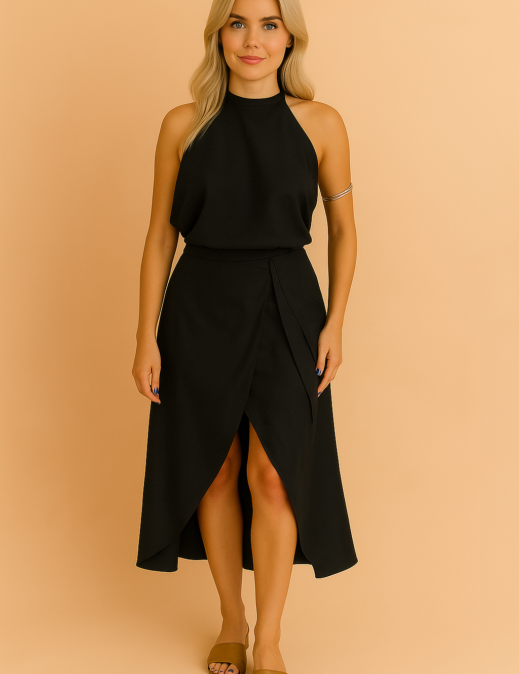 Elegante zwarte halterjurk zonder mouwen met vloeiende top en asymmetrische overslagrok.