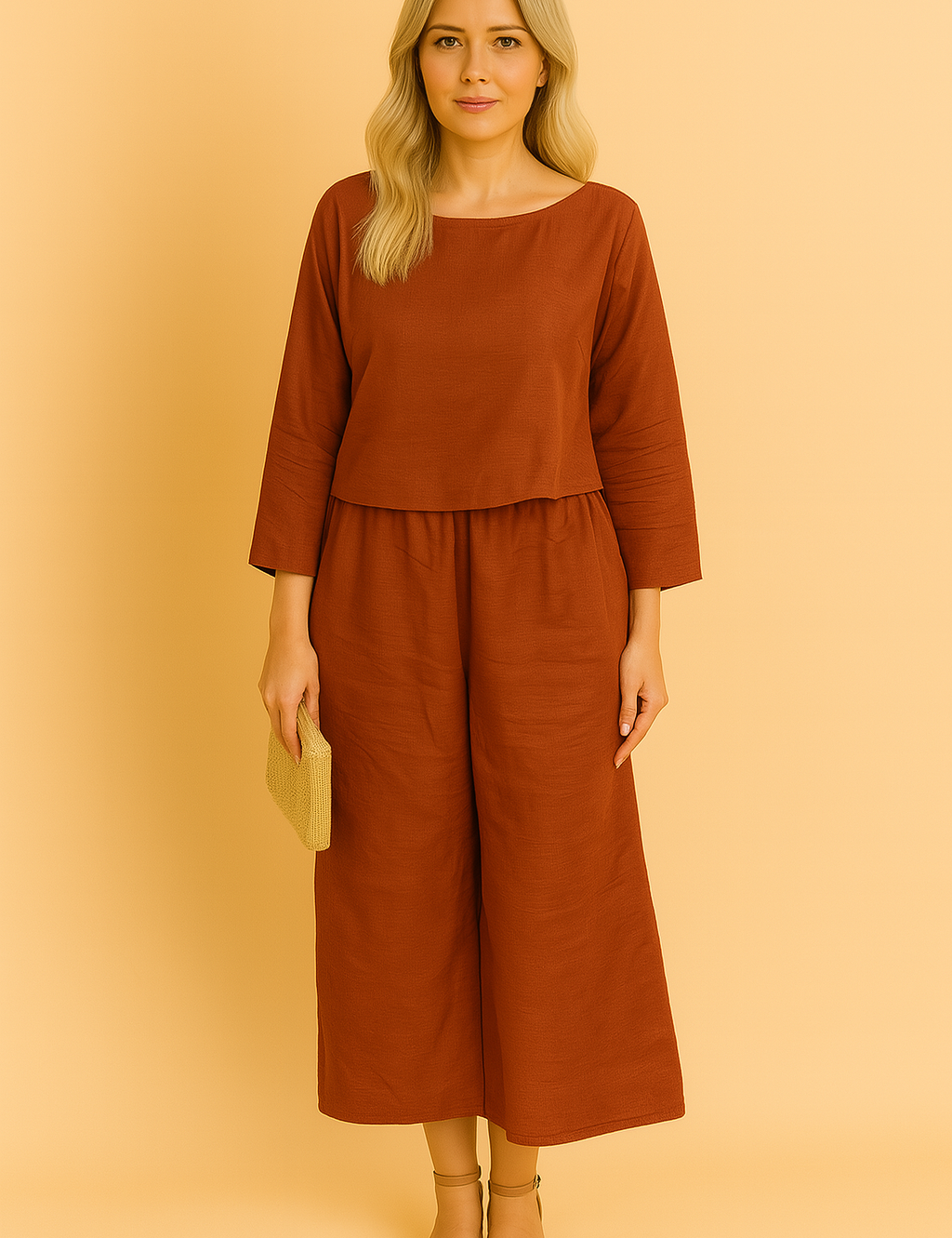 Linnen co-ord set in roestkleur met wijdvallende top met driekwart mouwen en cropped broek.