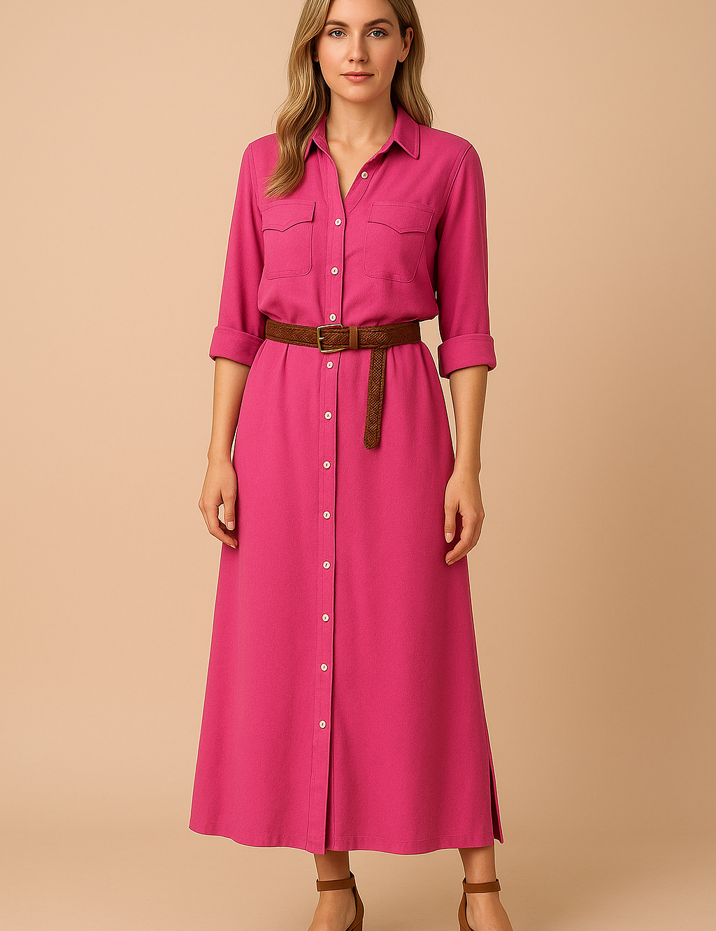 Midi overhemdjurk in fuchsia met borstzakken, opgerolde mouwen, knoopsluiting en bruine riem.